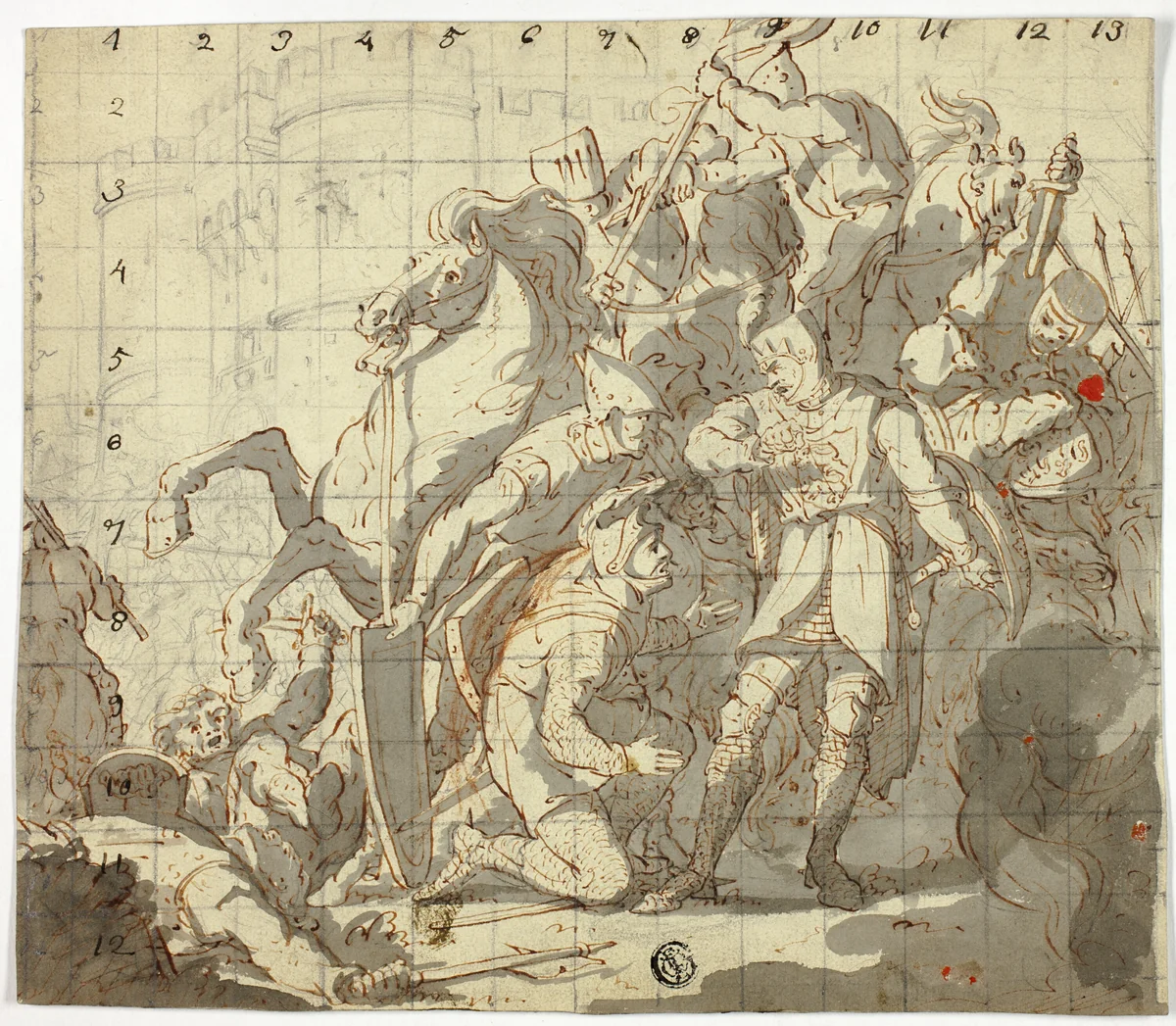 Fighting Knights Before Castle by Robert Ker Porter, drawing, 1795-1805