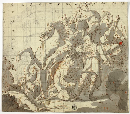 Fighting Knights Before Castle by Robert Ker Porter, drawing, 1795-1805