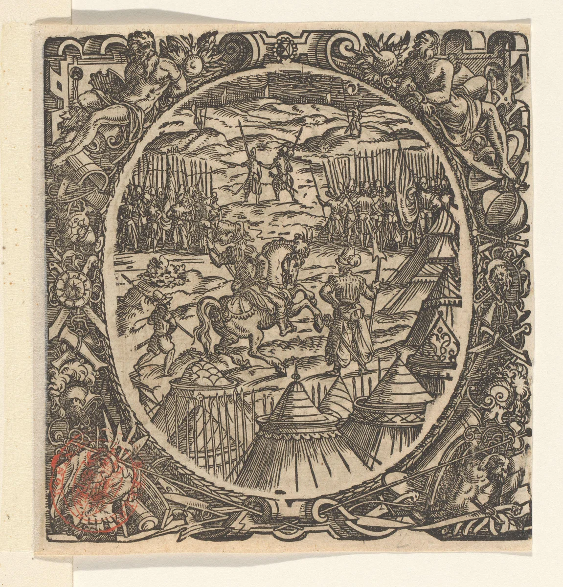 Officier te paard met twee soldaten by Jost Amman, print, 1573-1578
