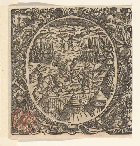 Officier te paard met twee soldaten by Jost Amman, print, 1573-1578