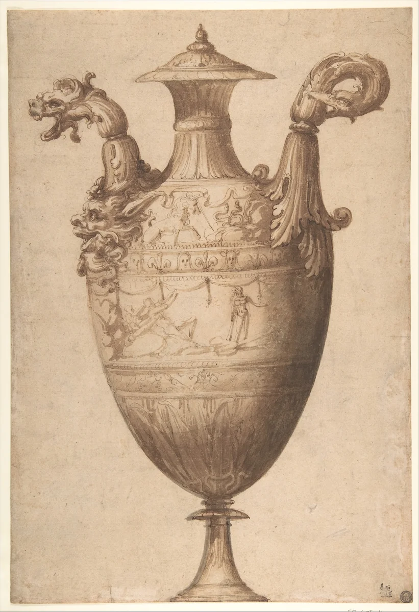 Design for a Vase with Hercules and Farnese Lilies by Francesco Salviati, drawing, 1535-1545