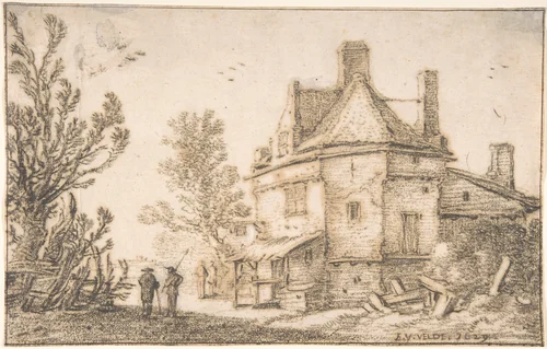 Landscape with an Inn by Esaias van de Velde, drawing, 1629