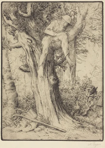 Landscape with a Boy in a Tree (Paysage avec un garcon grimpe sur un arbre, dite "Le denicheur d'oiseaux") by Alphonse Legros, print, 1837-1911