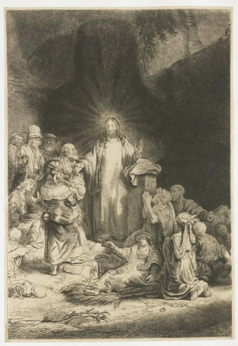 The Hundred Guilder Print: the central piece with Christ preaching by Rembrandt van Rijn, print, 1775-1800