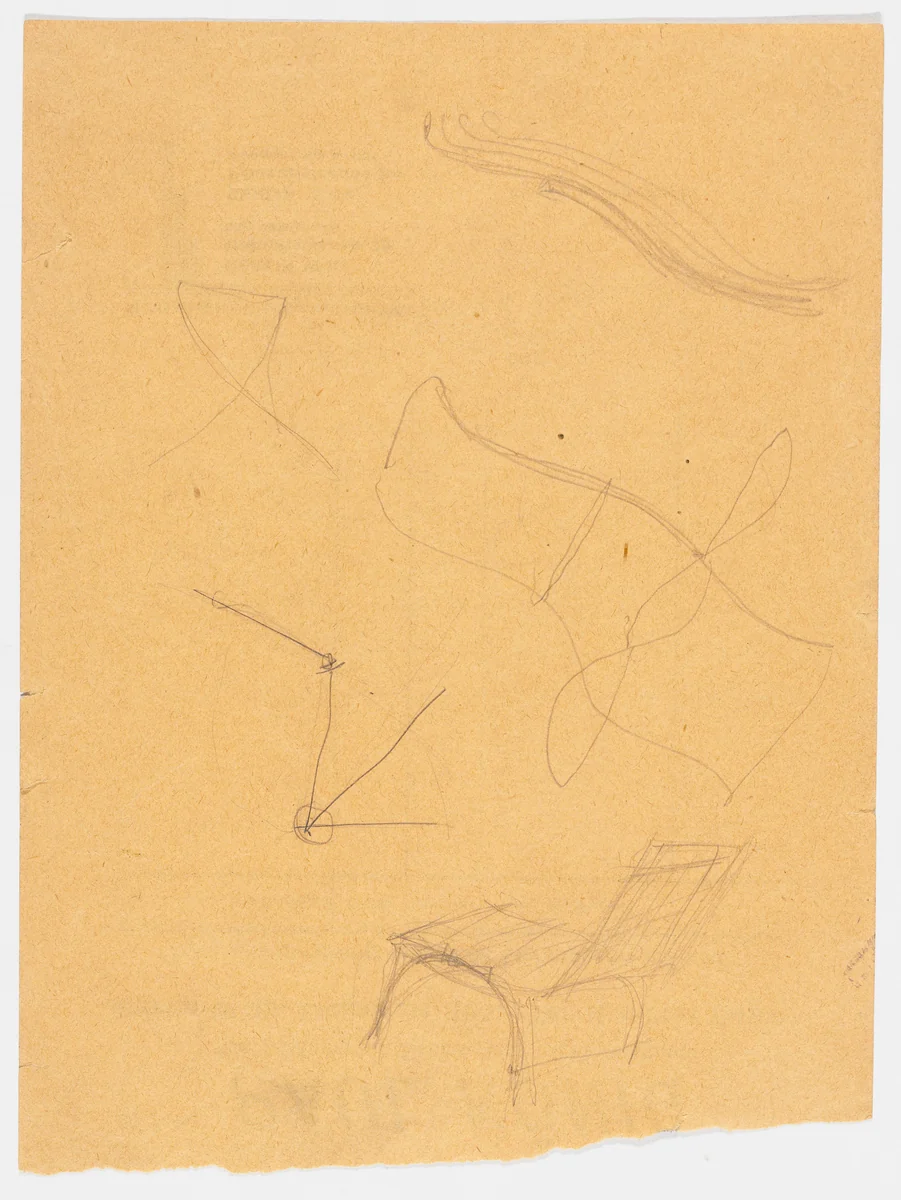 Chair without Arms. Reclining Chair without Arms. (Perspective and elevation sketches) by Ludwig Mies van der Rohe, mies van der rohe archive, 1926