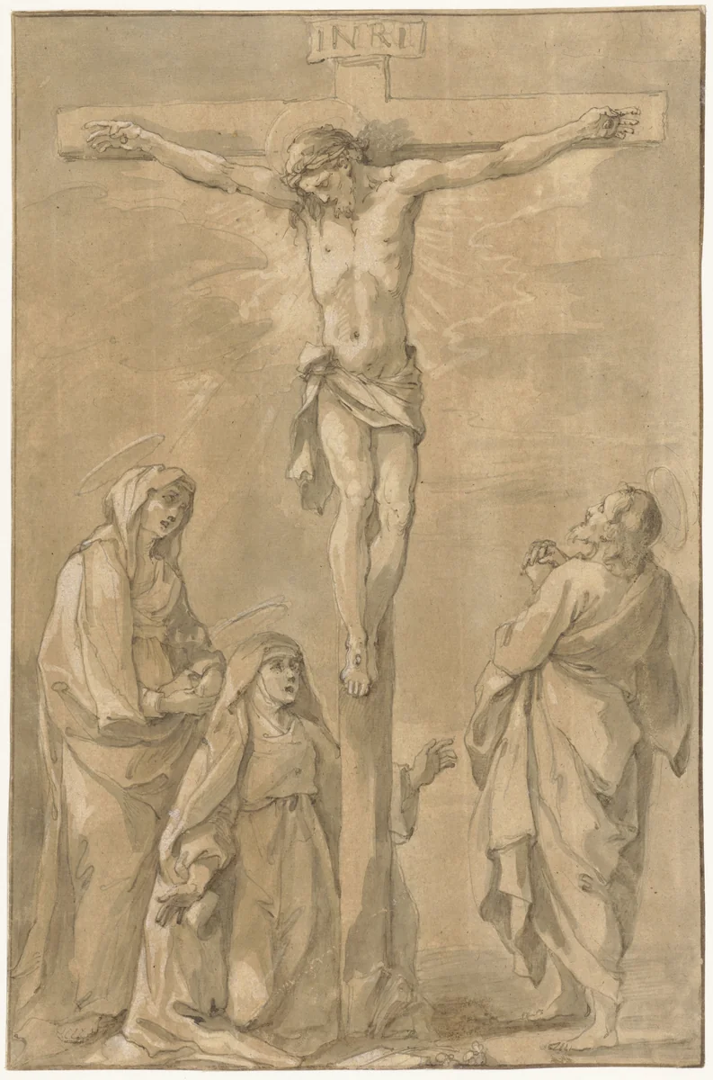 Christus aan het kruis, met Maria, Catharina van Siena en Johannes by Francesco Vanni, drawing, 1590-1610