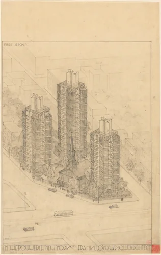 St. Mark's Tower project, New York, NY (Aerial perspective) by Frank Lloyd Wright, architecture, 1927