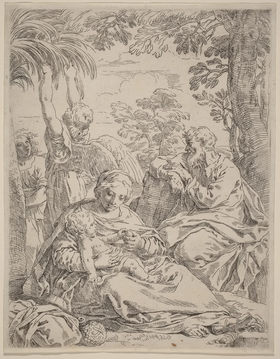 The Rest on the Flight into Egypt by Simone Cantarini, print, 1612-1648