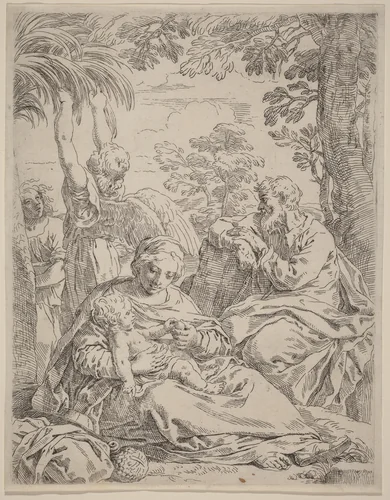 The Rest on the Flight into Egypt by Simone Cantarini, print, 1612-1648