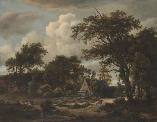 Wooded Landscape with Cottage and Horseman by Meindert Hobbema, painting, 1663