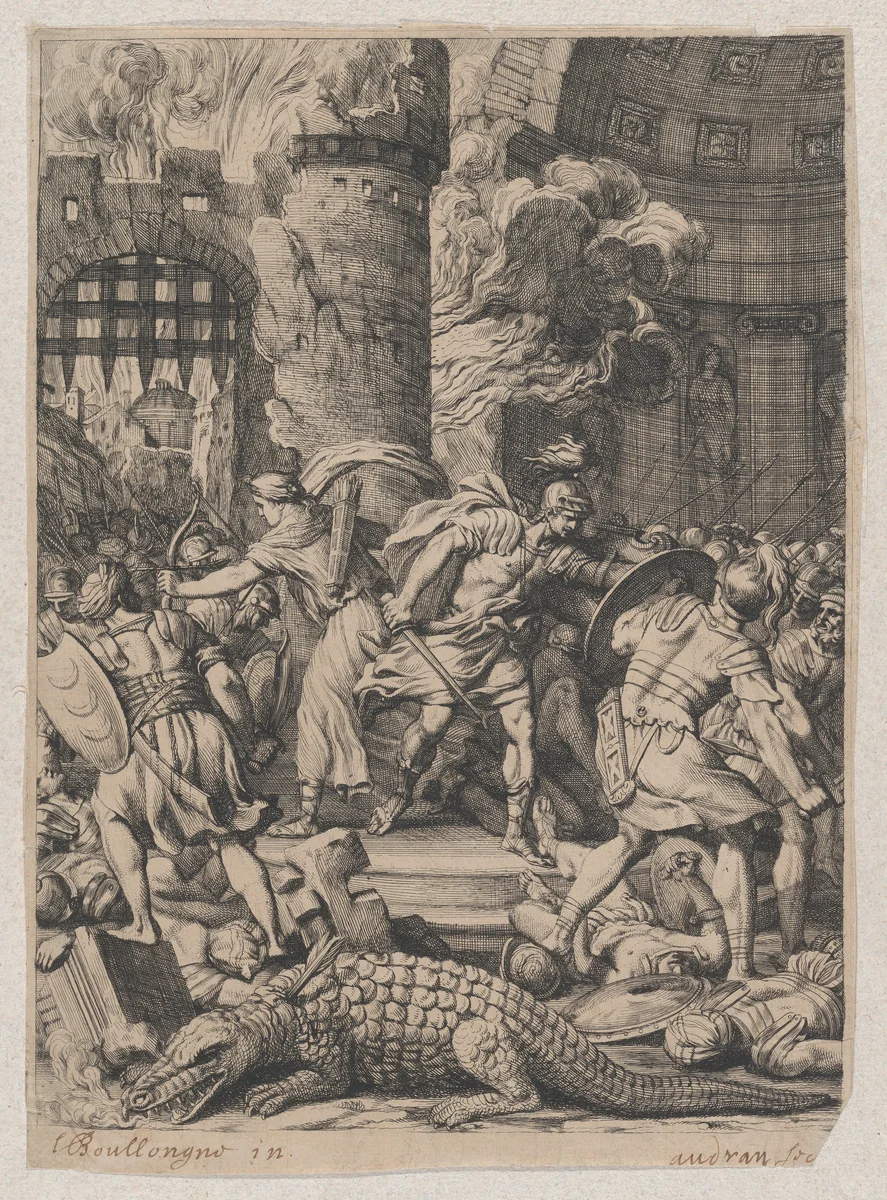 Battle in a Burning City by Audran, print, 1680-1756
