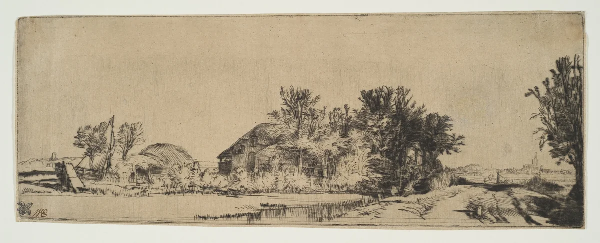 Landscape with a Farmhouse Along a Road Beside a Canal by Rembrandt van Rijn, print, 1647-1657
