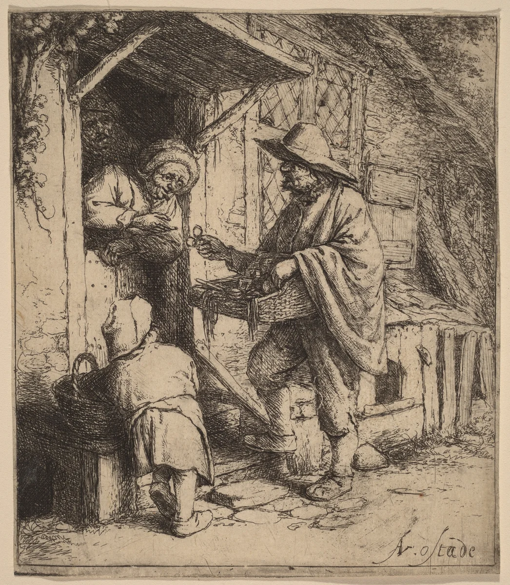 Street Vendor Selling Spectacles at the Door by Adriaen van Ostade, print, 1642-1652