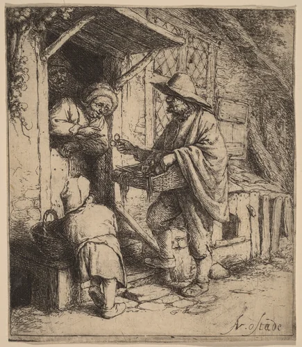 Street Vendor Selling Spectacles at the Door by Adriaen van Ostade, print, 1642-1652