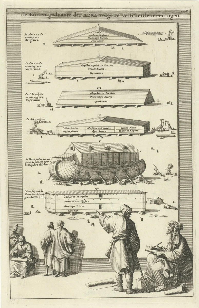 Ark van Noach in zes verschillende gedaantes by Jan Luyken, print, 1690