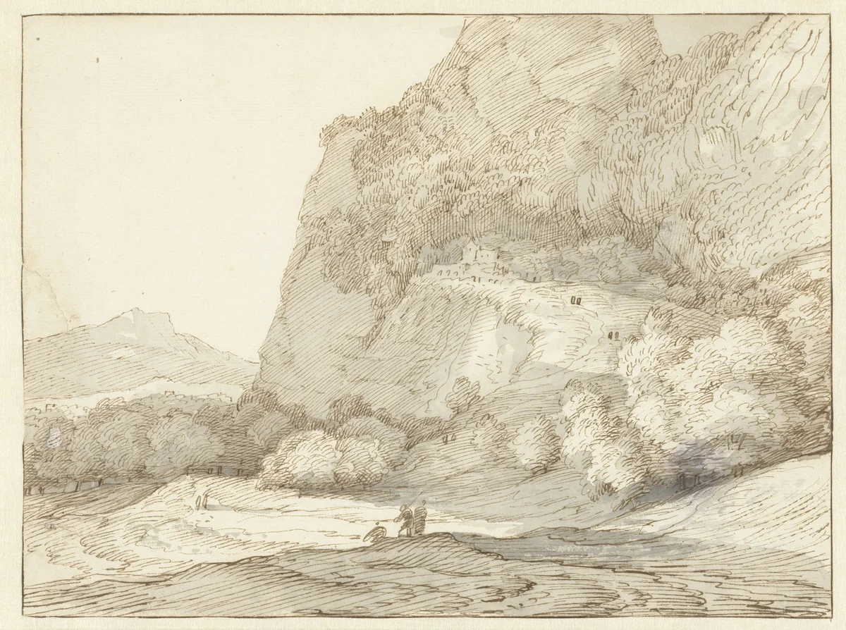Bergachtig landschap met op de voorgrond drie figuren by Jacob Esselens, drawing, 1636-1687