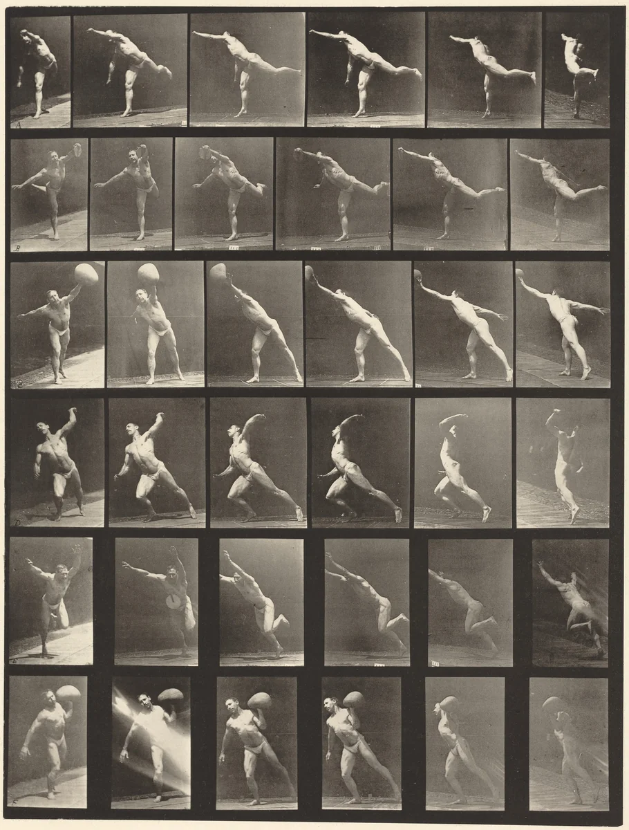 Plate Number 523. A: Striking a blow. B, E: Throwing disk. C, F: Heaving a 75-lb. stone. D: Throwing a ball by Eadweard Muybridge, photograph, 1887