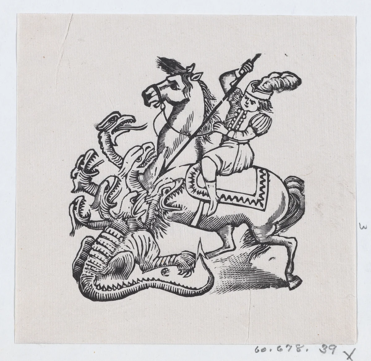 A man on horseback stabbing a monster with a lance, illustration from 'The King and His Three Sons' by José Guadalupe Posada, print, 1875-1885