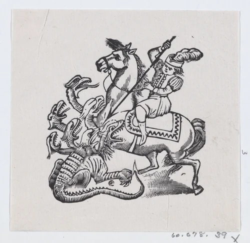 A man on horseback stabbing a monster with a lance, illustration from 'The King and His Three Sons' by José Guadalupe Posada, print, 1875-1885