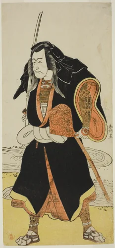 The Actor Ichikawa Danjuro V, Probably as Ise no Saburo Disguised as Sanjo Uemon, Leader of a Robber Gang, in Part Two of the Play Fude-hajime Kanjincho (First Calligraphy of the New Year: Kanjincho [The Subscription List]), Performed at the Nakamura Theater from the Fifteenth Day of the First Month, 1784 by Katsukawa Shunko, print, 1779-1789