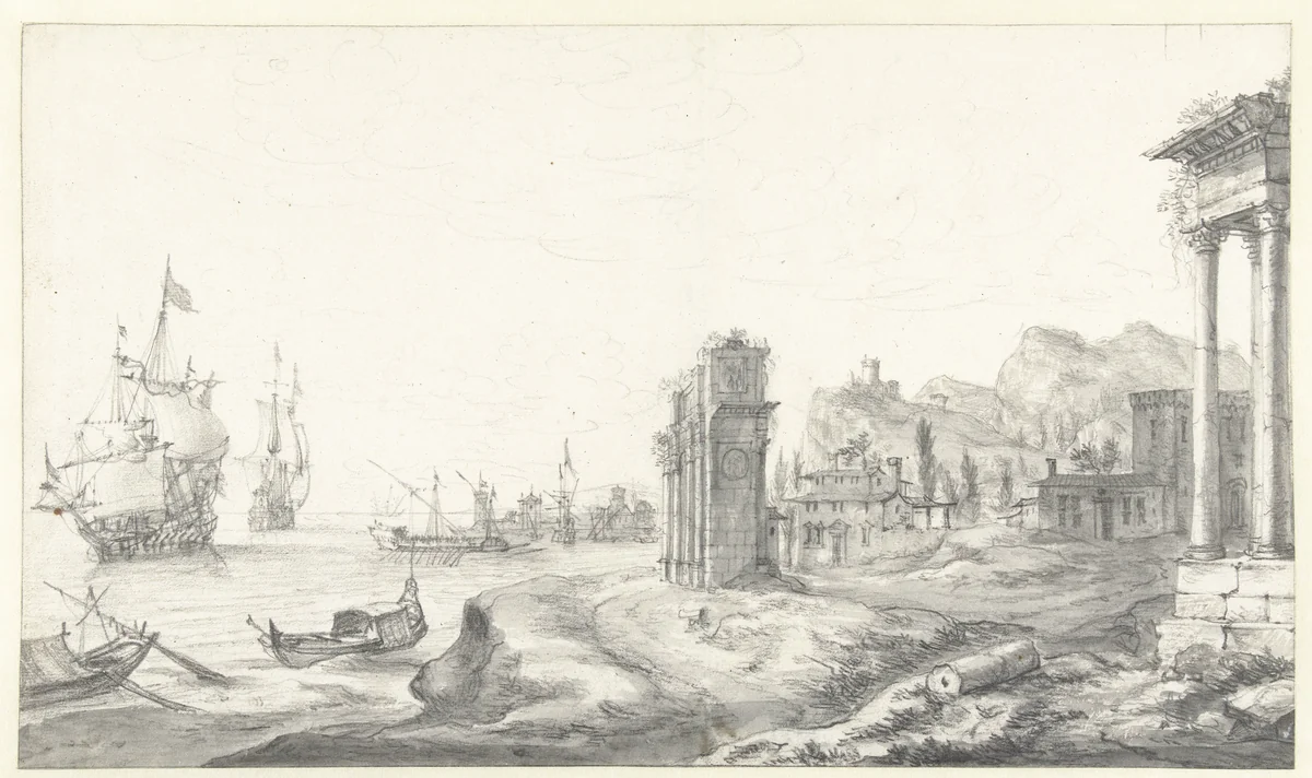 Fantasiegezicht op een zuidelijke haven by Jan Abrahamsz. Beerstraten, drawing, 1600-1699