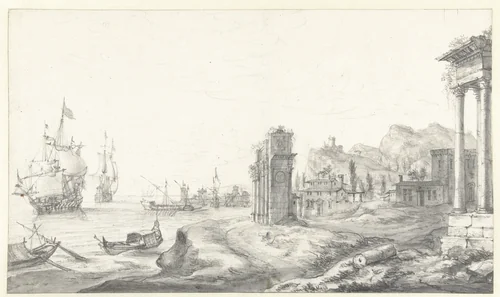 Fantasiegezicht op een zuidelijke haven by Jan Abrahamsz. Beerstraten, drawing, 1600-1699