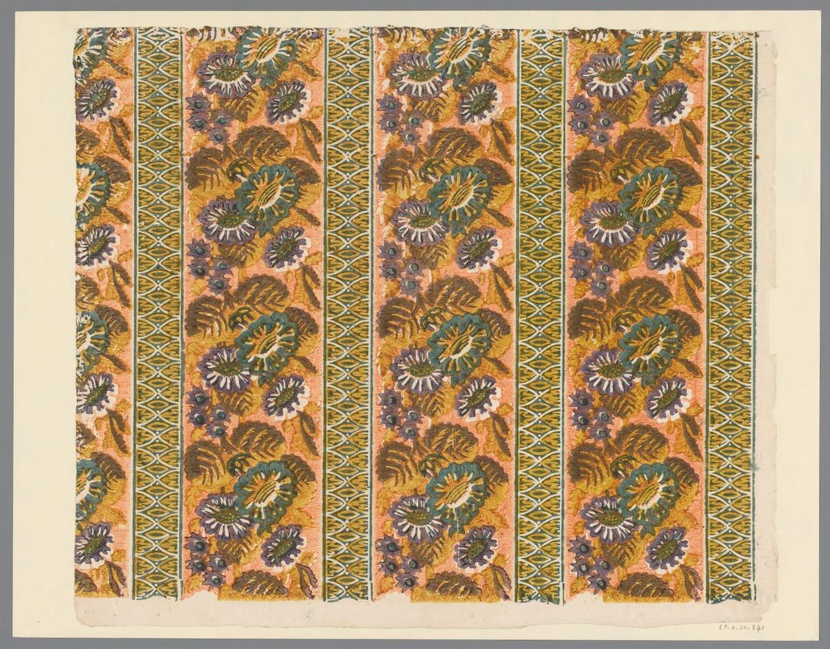 Blad met banenpatroon met bloemen alternerend met geometrische lijst by anonymous, print, 1700-1850