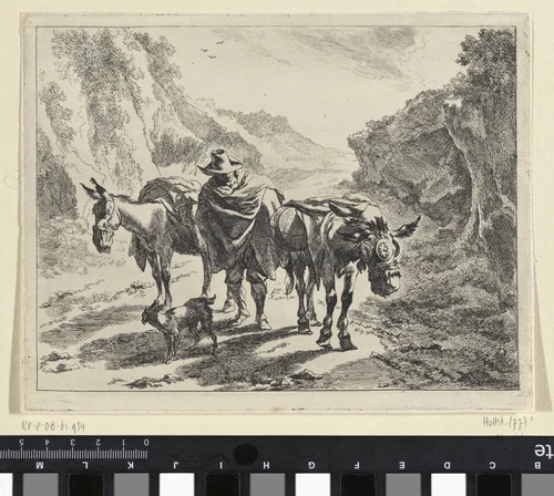 Herder met twee ezels en een hond by Jan de Visscher, print, 1643-1692
