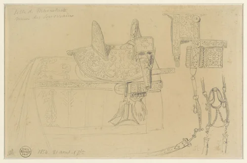 Schetsblad met zadel van Mammeluk en onderdelen by Denis Auguste Marie Raffet, drawing, 1854