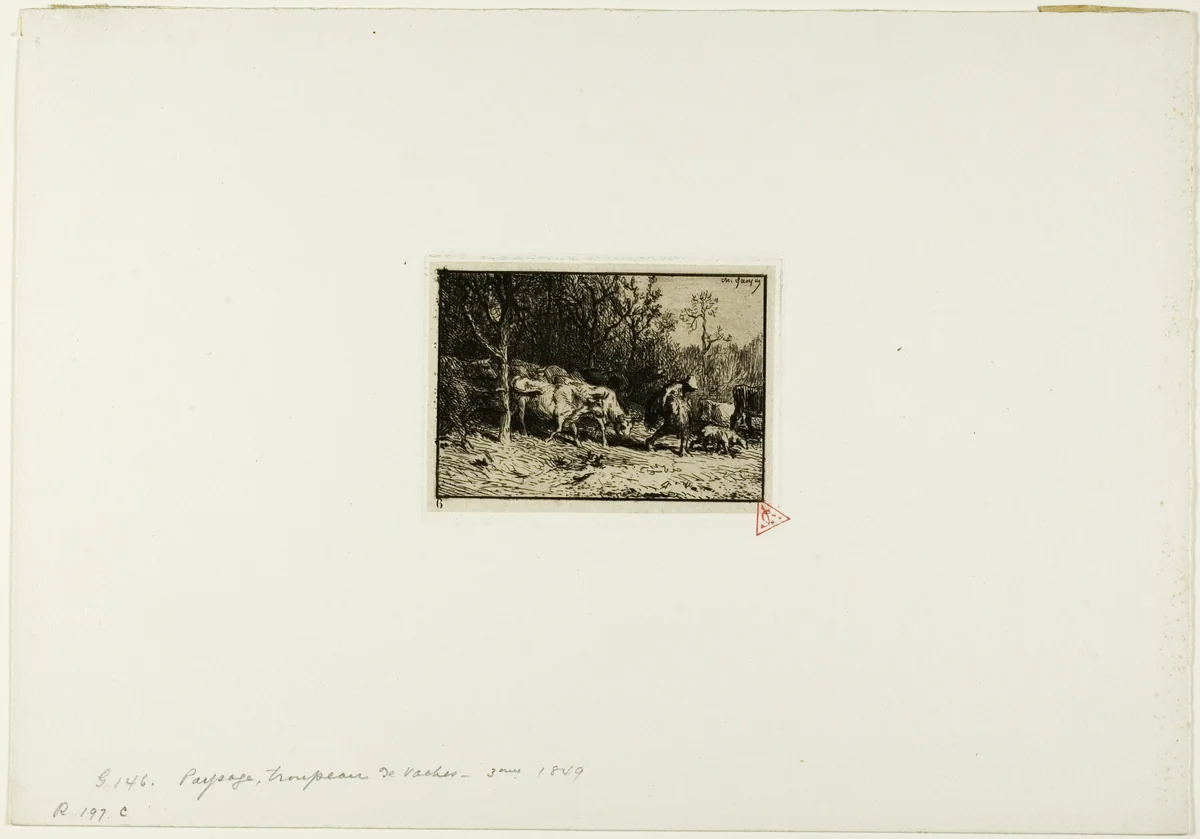 Herd of Cows Coming Out of a Wood by Charles-Émile Jacque, print, 1849