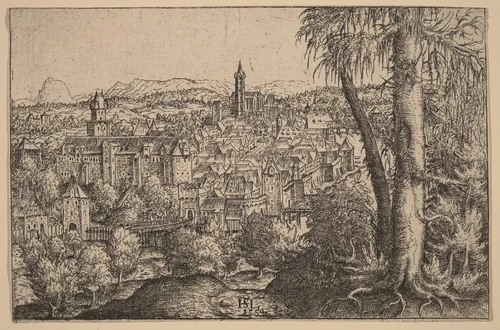 View of Steyr on Enns by Hanns Lautensack, print, 1554