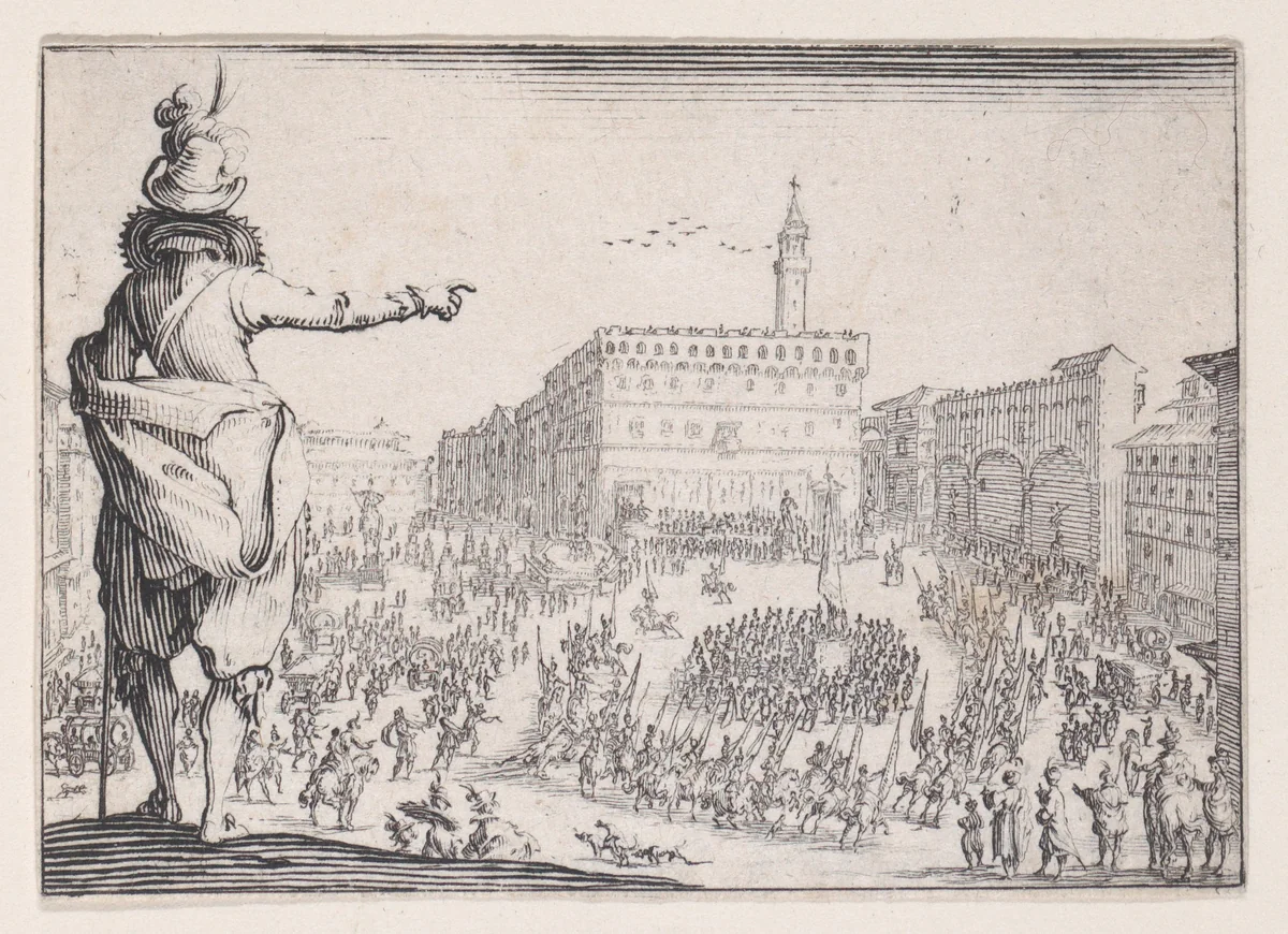 Une Fête sur la Place de la Signoria a Florence (A Festival on the Piazza della Signoria in Florence), from "Les Caprices" Series A, The Florence Set by Jacques Callot, print, 1617