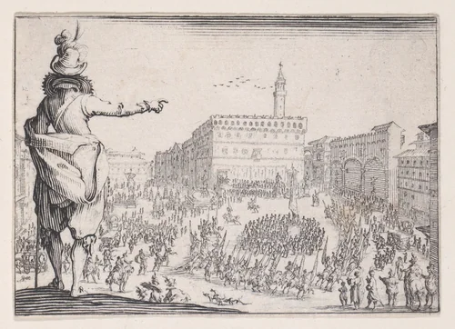 Une Fête sur la Place de la Signoria a Florence (A Festival on the Piazza della Signoria in Florence), from "Les Caprices" Series A, The Florence Set by Jacques Callot, print, 1617