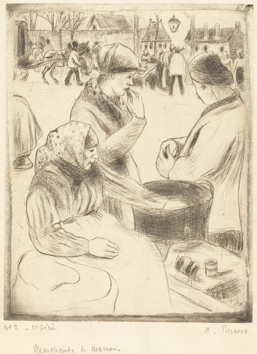 Chestnut Vendors (Marchands de marrons) by Camille Pissarro, print, 1878
