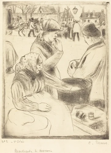 Chestnut Vendors (Marchands de marrons) by Camille Pissarro, print, 1878