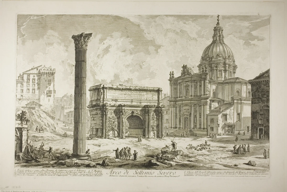 Arch of Septimius Severus through which passed the ancient Sacred Way, bringing victors to the Capitol, from Views of Rome by Giovanni Battista Piranesi, print, 1750-1759