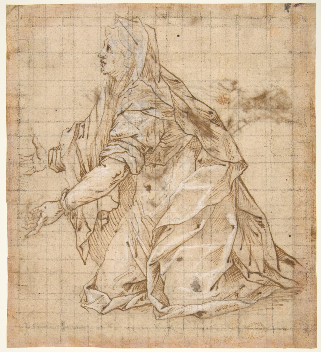 Woman Kneeling Facing Left (recto); Seated Woman Facing Right (verso) by Giovanni Battista Trotti, drawing, 1555-1619