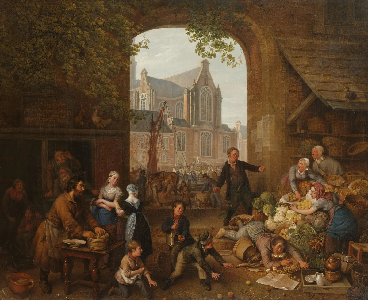 Two Drunkards at the Market near the Westerkerk in Amsterdam by Peter Paul Joseph Noël, painting, 1821
