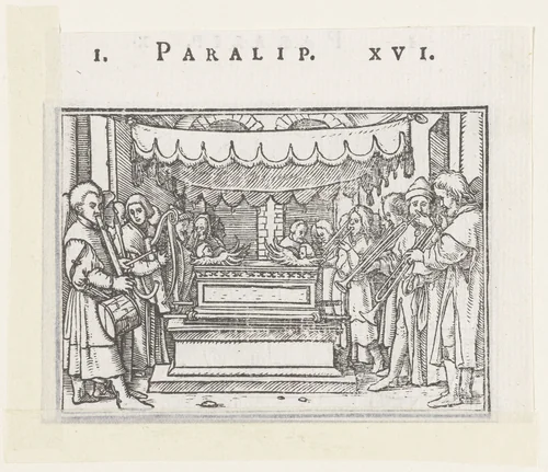Levieten musiceren voor ark van het verbond by Hans Holbein, print, 1538