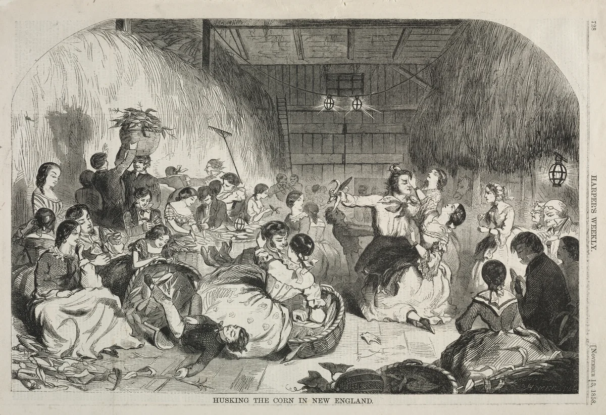 Husking the Corn in New England by Winslow Homer, print, 1858