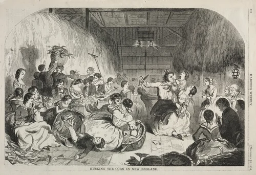 Husking the Corn in New England by Winslow Homer, print, 1858