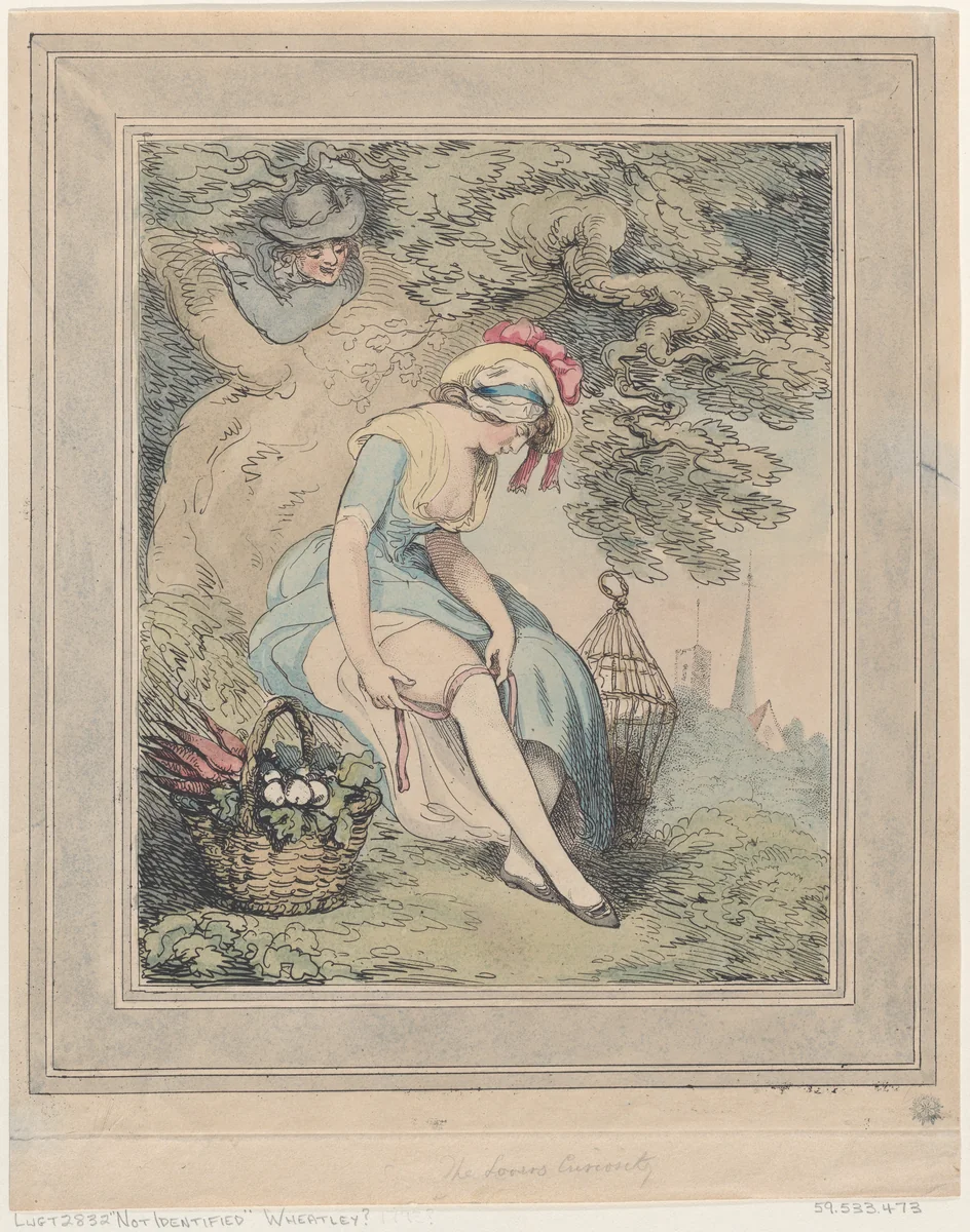 Girl with a Basket and Birdcage Adjusting Her Garter by Thomas Rowlandson, print, 1785-1795