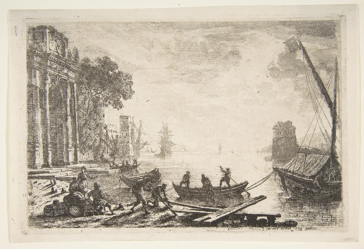 Harbor Scene with Rising Sun by Claude Lorrain, print, 1634