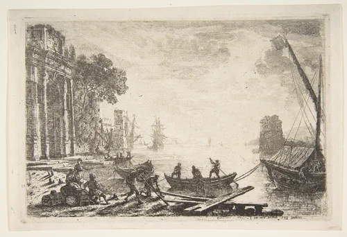 Harbor Scene with Rising Sun by Claude Lorrain, print, 1634
