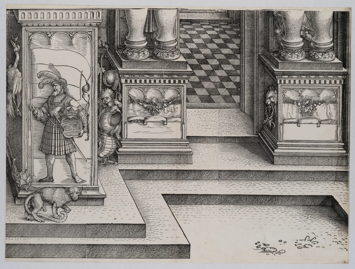Lower Portion of the Entryway to the Right Portal (Die Porten des Adels); and the Outer Right Sockel of the Central Portal, from the Arch of Honor, proof, dated 1515, printed 1517-18 by Albrecht Dürer, print, 1515