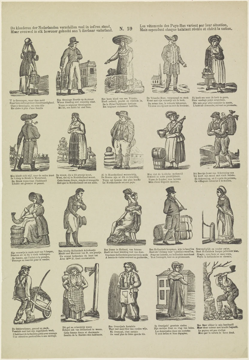 De kleederen der Nederlanden verschillen veel in ied'ren stand, / Maar even wel is elk bewoner gehecht aan 't dierbaar vaderland / Les vêtements des pays-Bas varient par leur situation, / Mais cependant chaque habitant révère et chérit la nation by Philippus Jacobus Brepols, print, 1800-1833