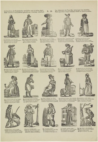 De kleederen der Nederlanden verschillen veel in ied'ren stand, / Maar even wel is elk bewoner gehecht aan 't dierbaar vaderland / Les vêtements des pays-Bas varient par leur situation, / Mais cependant chaque habitant révère et chérit la nation by Philippus Jacobus Brepols, print, 1800-1833
