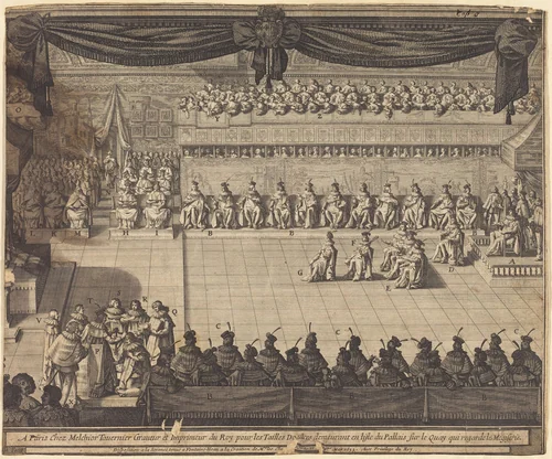 Meeting in the Chapel at Fontainebleau by Abraham Bosse, print, 1633