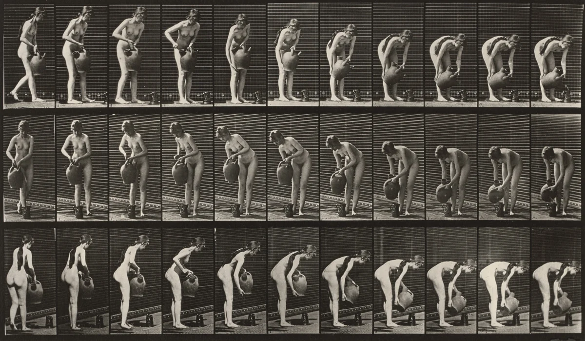 Plate Number 446. Filling a pitcher on the ground from a water jar by Eadweard Muybridge, photograph, 1887