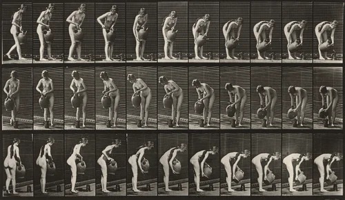 Plate Number 446. Filling a pitcher on the ground from a water jar by Eadweard Muybridge, photograph, 1887
